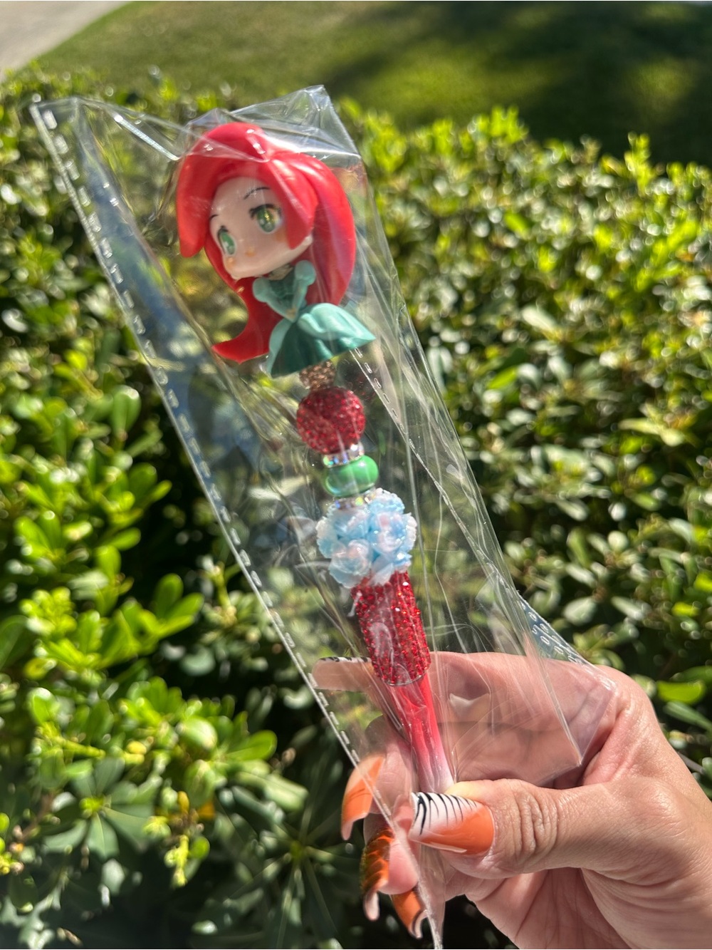 Red-Haired Mermaid Beaded Pen with Green Dress